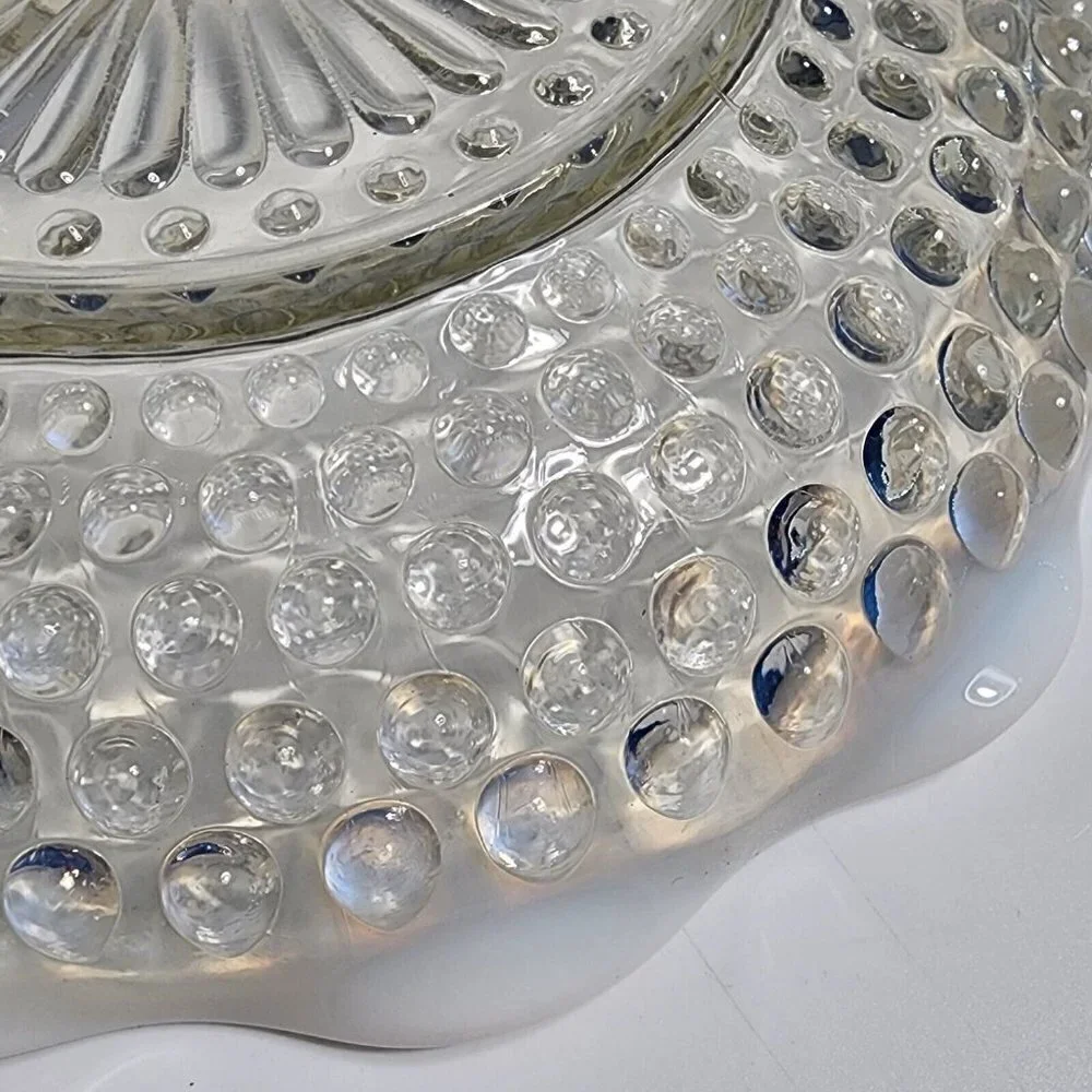 Moonstone Pattern Glass Ruffled Divided Relish with Opalescent Blue Hobnail VTG